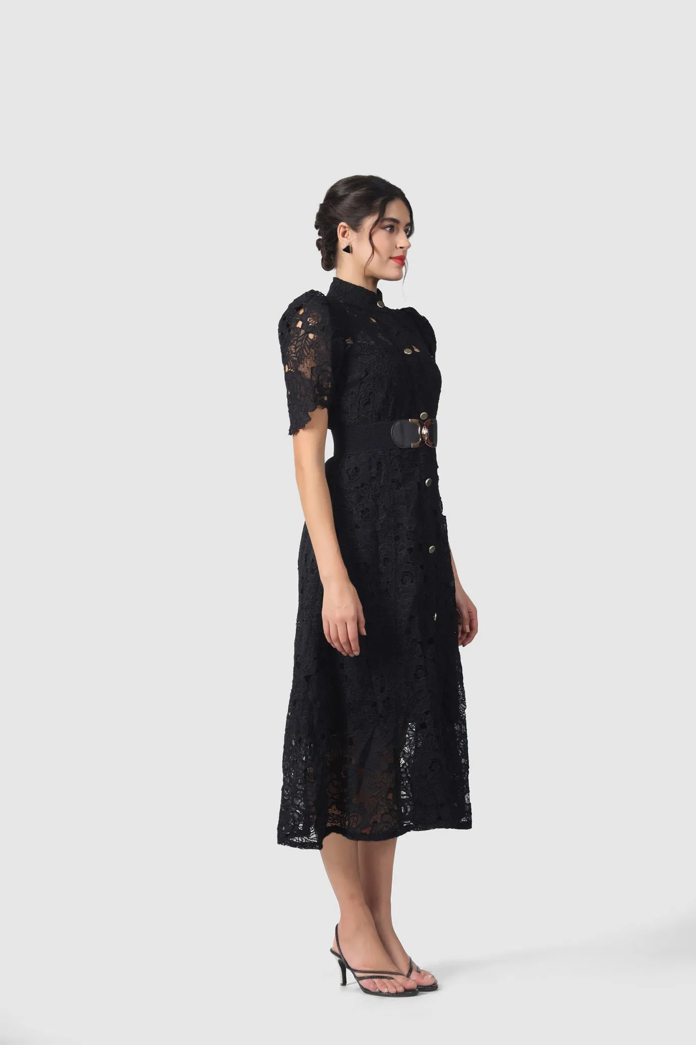 WILLOW LACE PUFF SLEEVE MIDI DRESS