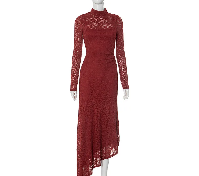 Women Lace Stitching Pleated Long Sleeve Dress
