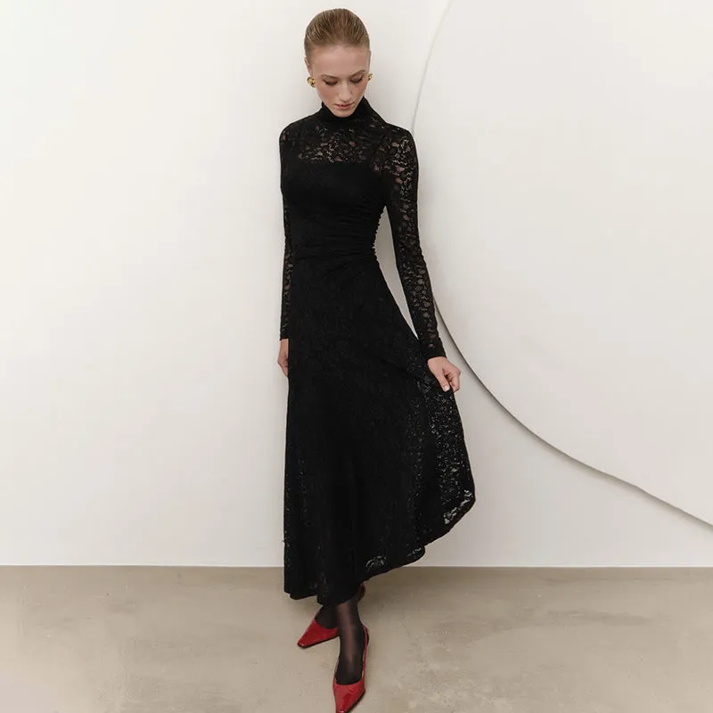 Women Lace Stitching Pleated Long Sleeve Dress