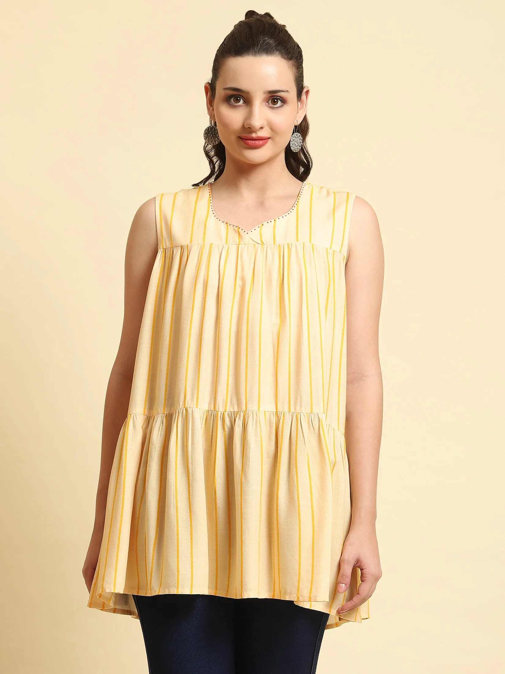 Women Yellow Stripe Printed Tunic