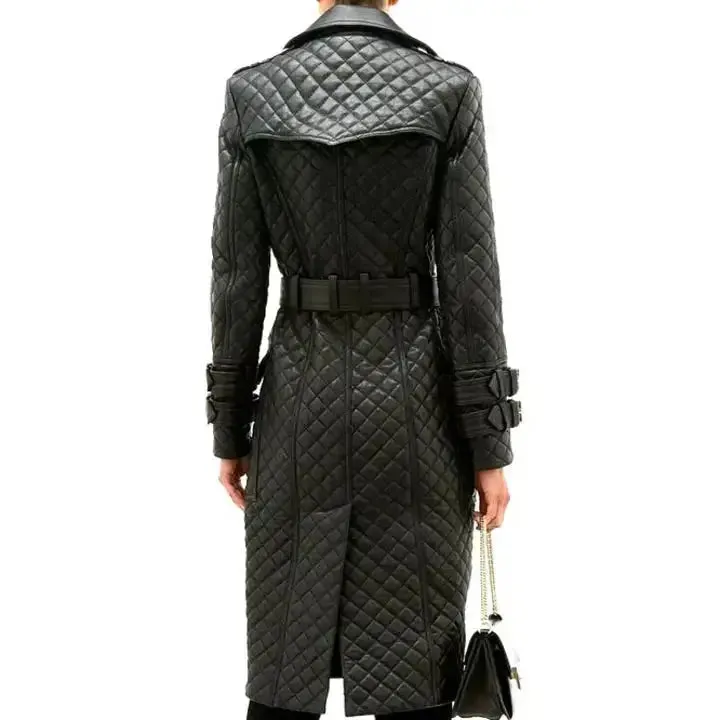 Women's Double-Breasted Quilted Leather Trench Coat - Stylish & Elegant