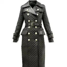 Women's Double-Breasted Quilted Leather Trench Coat - Stylish & Elegant