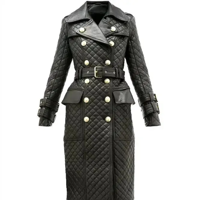 Women's Double-Breasted Quilted Leather Trench Coat - Stylish & Elegant