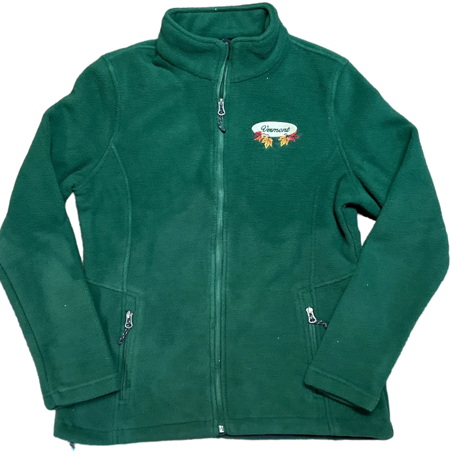 Women’s Full Zip Fleece Jacket – White Fall Leaves Oval Embroidery