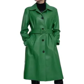 Women's Green Real Lambskin Soft Leather Trench Coat - Elegant & Chic