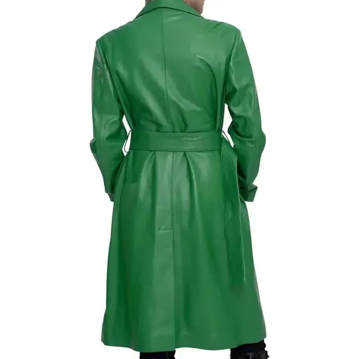 Women's Green Real Lambskin Soft Leather Trench Coat - Elegant & Chic