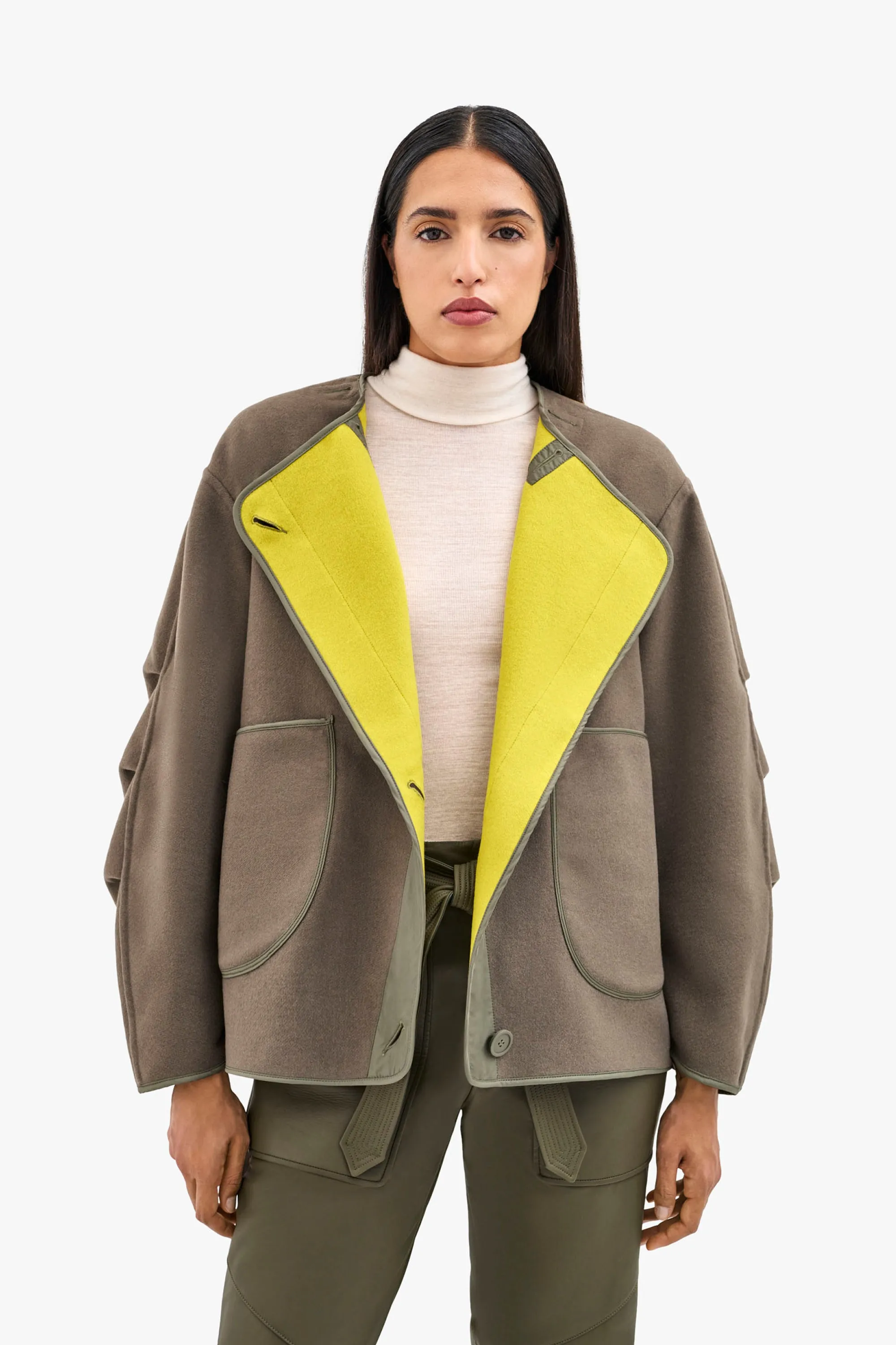 Wool Cropped Peacoat - Olive / Chartreuse