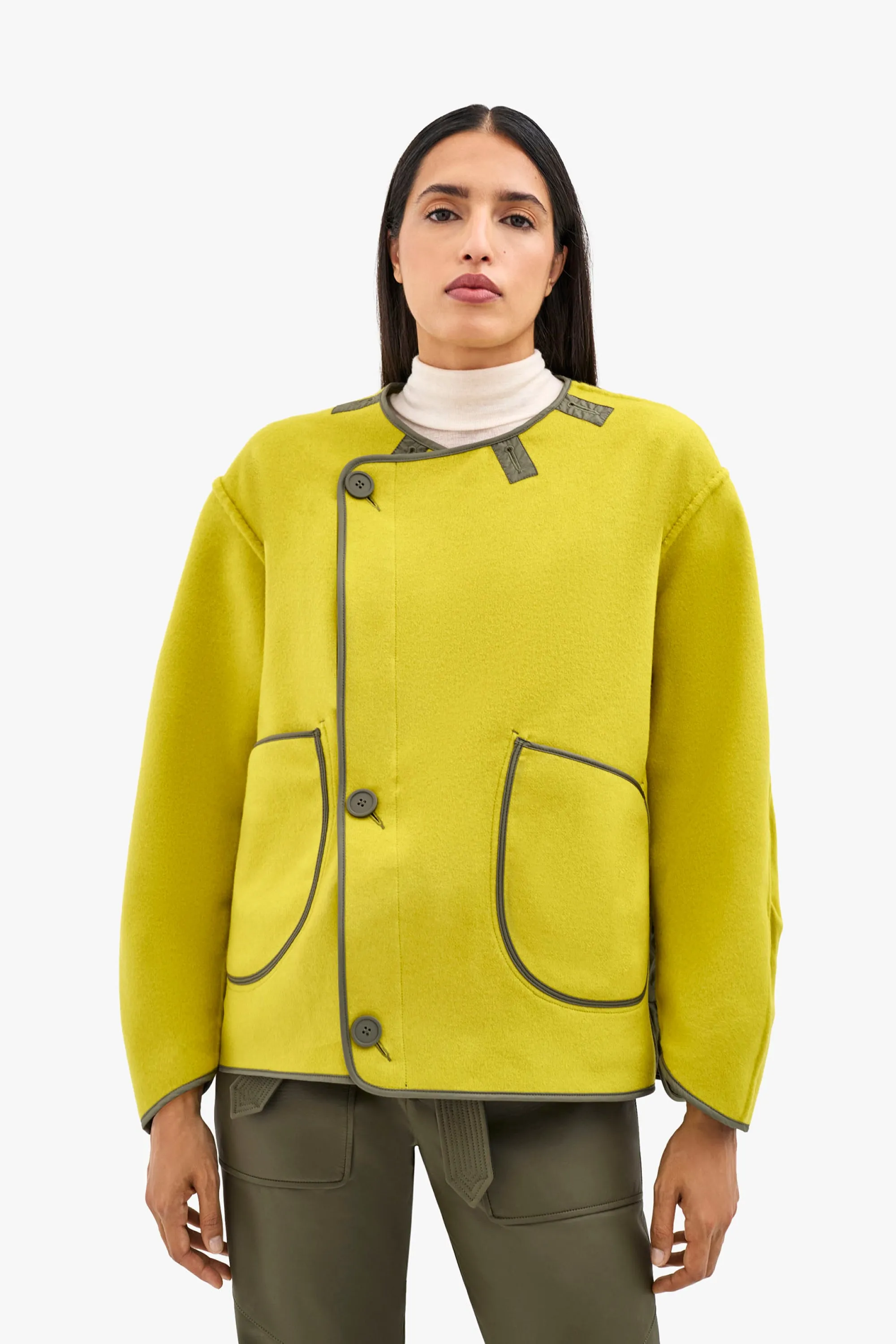 Wool Cropped Peacoat - Olive / Chartreuse