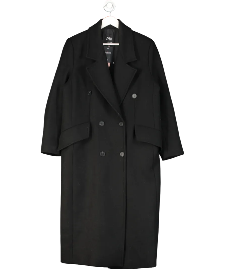 ZARA Black Black Double Breasted Overcoat UK M