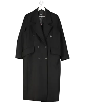 ZARA Black Black Double Breasted Overcoat UK M
